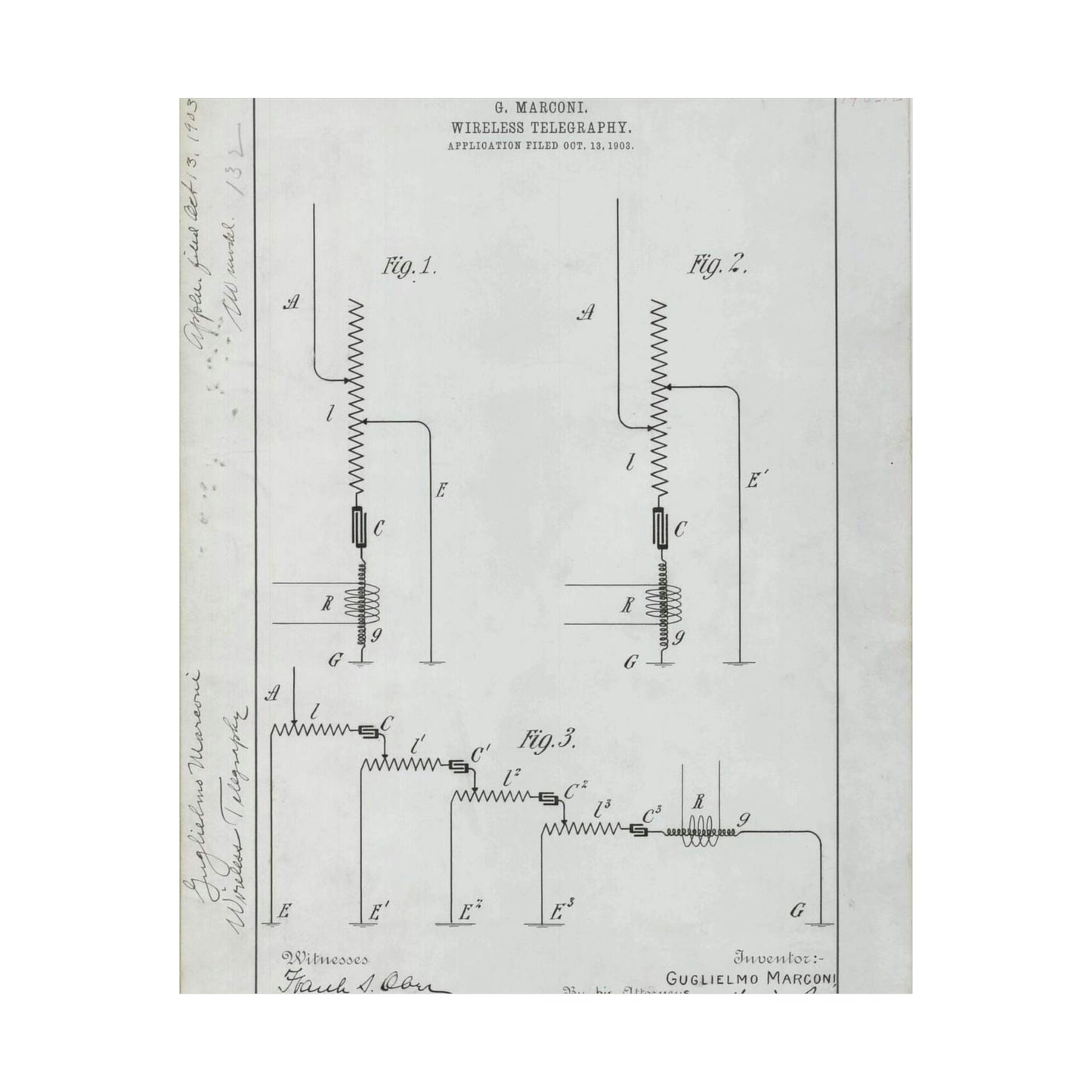 Patent drawing - for G. Marconi's Wireless Telegraphy Public domain  image High Quality Matte Wall Art Poster for Home, Office, Classroom