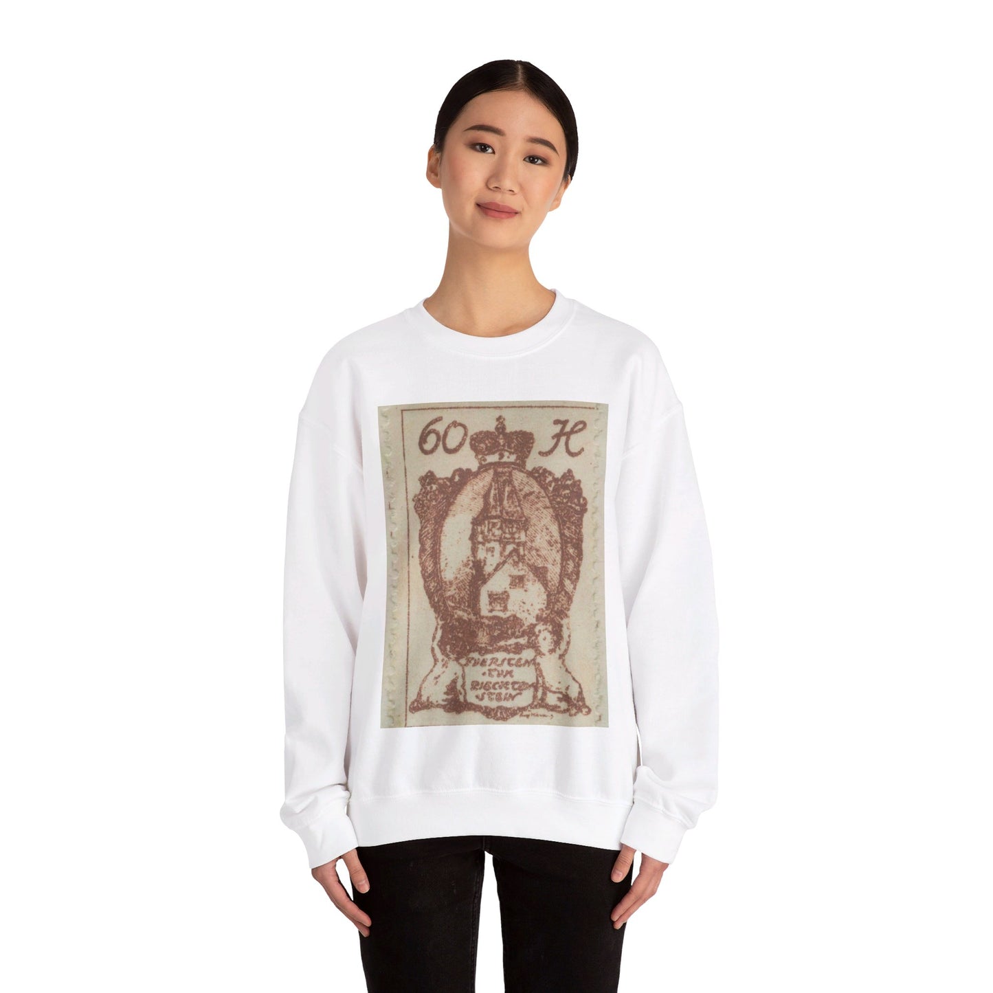 Frimärke ur Gösta Bodmans filatelistiska motivsamling, påbörjad 1950.Frimärke från Liechtenstein, 1920. Motiv av Röda Tornet i Vaduz. White Heavy Blend Adult Crew Neck SweatShirt