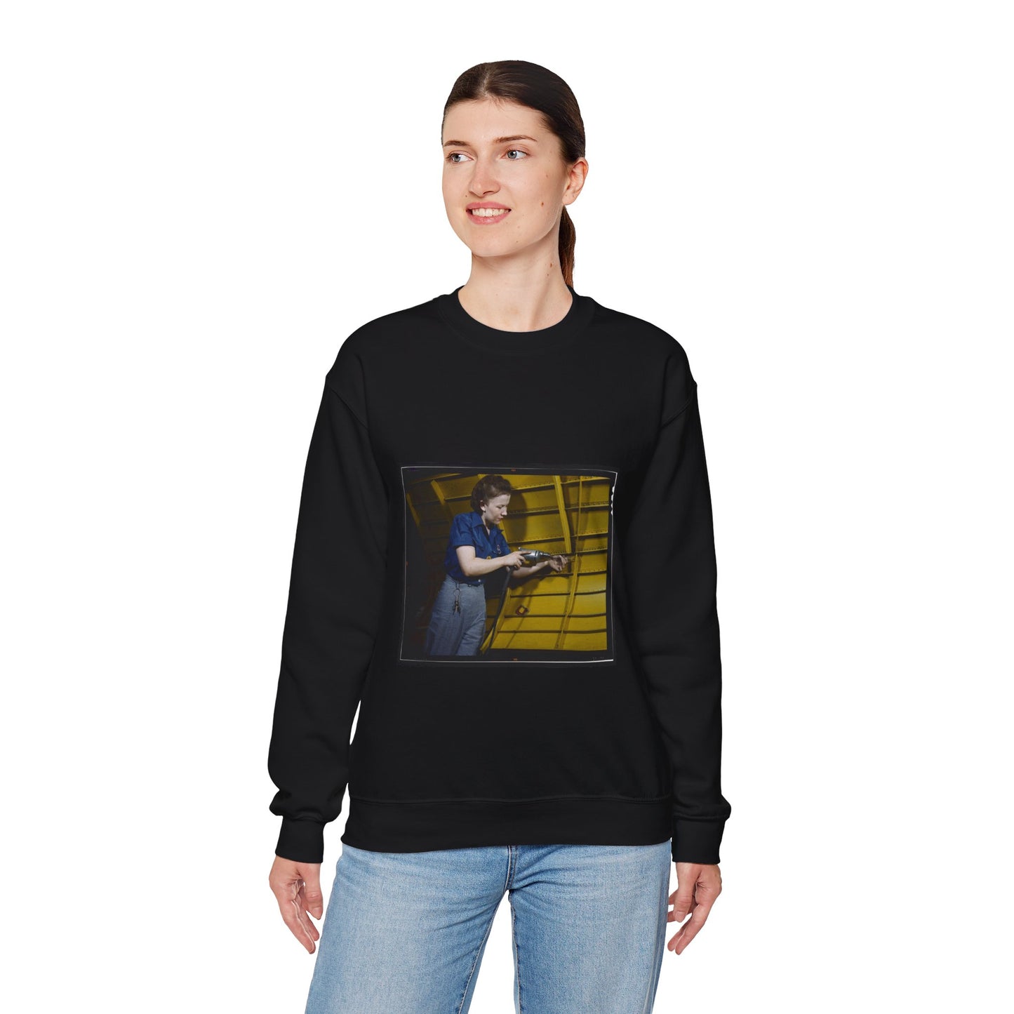 Operating a hand drill at Vultee-Nashville, woman is working on a "Vengeance" dive bomber, Tennessee Black Heavy Blend Adult Crew Neck SweatShirt