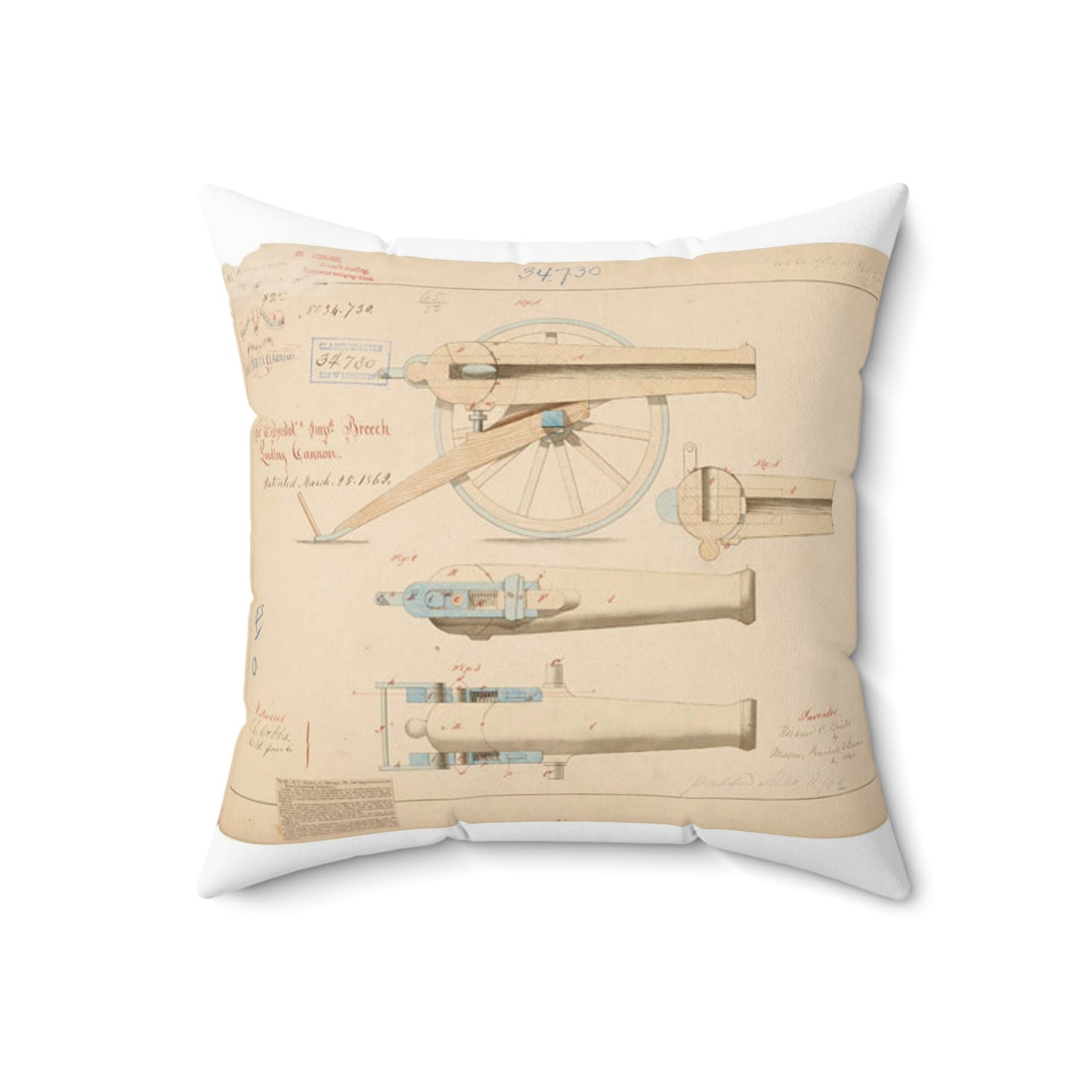 Patent drawing - Drawing of Improved Breech Loading Cannon Public domain  image Decorative Accent Square Pillow