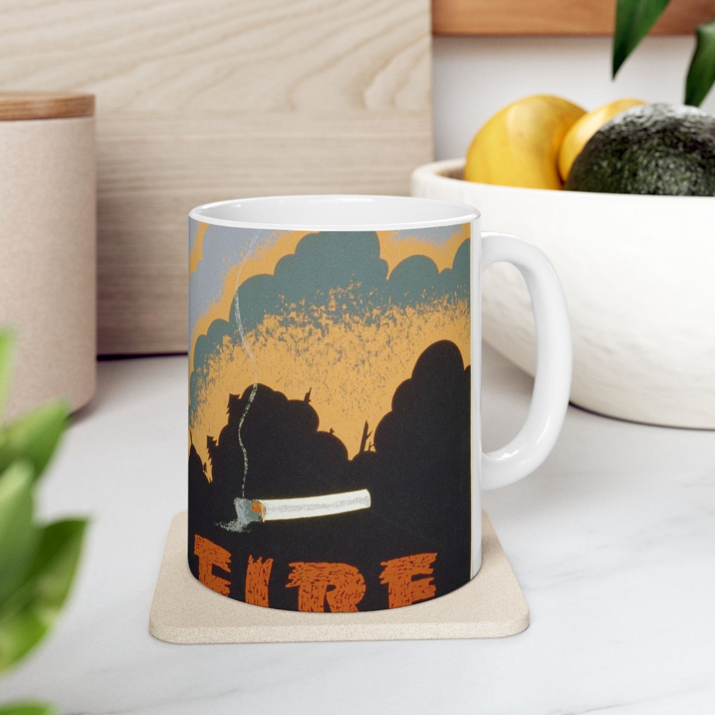 Fire wrecks a forest, Art Deco Poster Beautiful Novelty Ceramic Coffee Mug 11oz