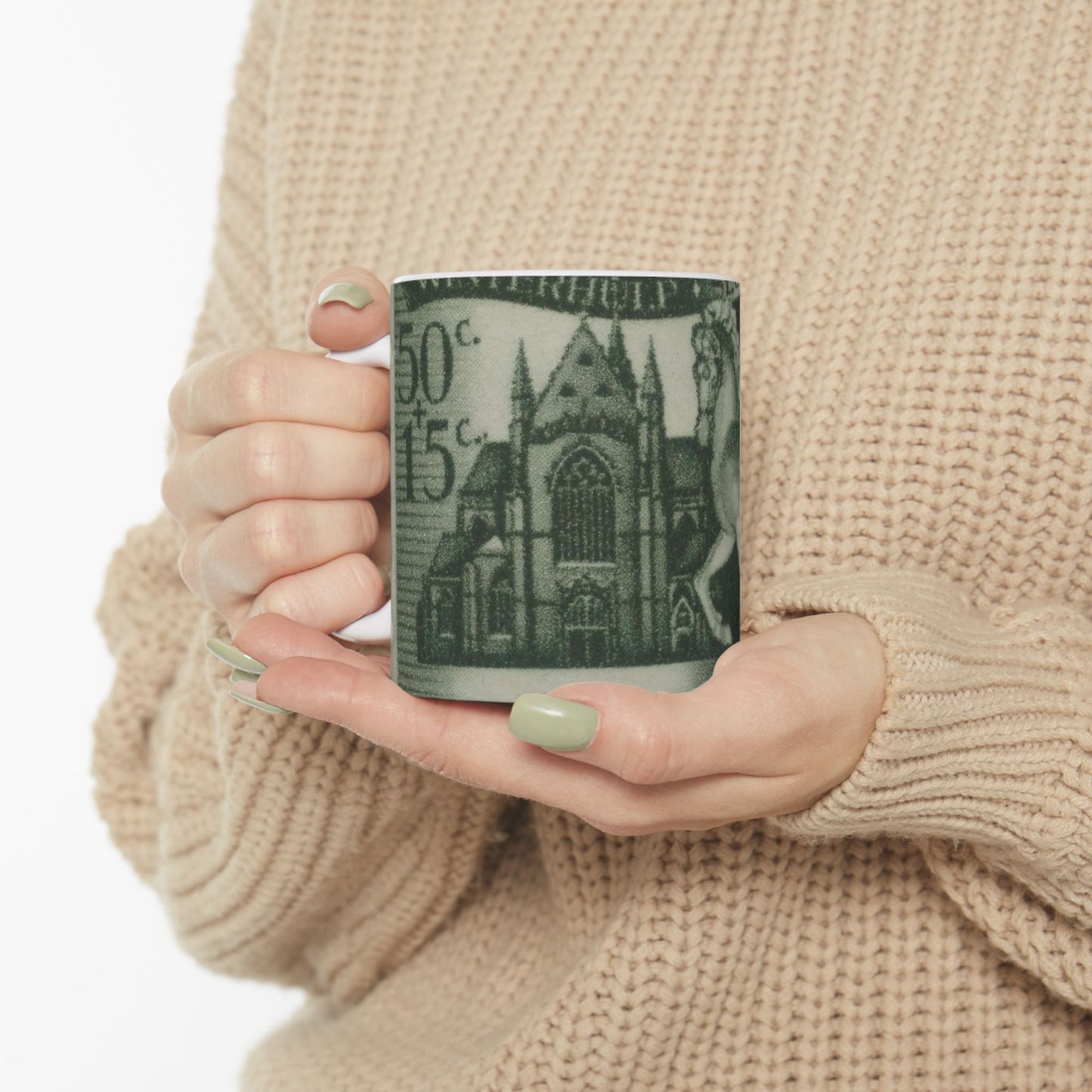 Frimärke ur Gösta Bodmans filatelistiska motivsamling, påbörjad 1950.Frimärke från Belgien, 1943. St. Martins Kyrka i Liége. "Serie till förmän för vinterhjälpen". Beautiful Novelty Ceramic Coffee Mug 11oz