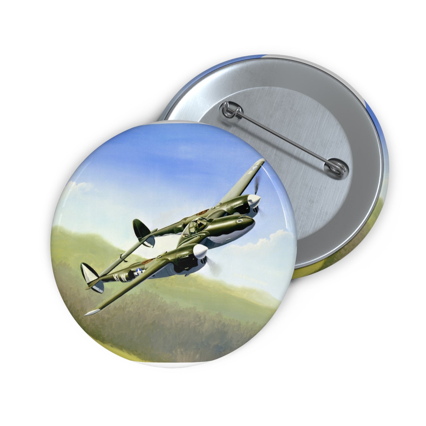 Artwork: "P-38 Lightning Artist: Dick Kramer (US Air Force Art Collection) Pin Buttons with Crisp Design