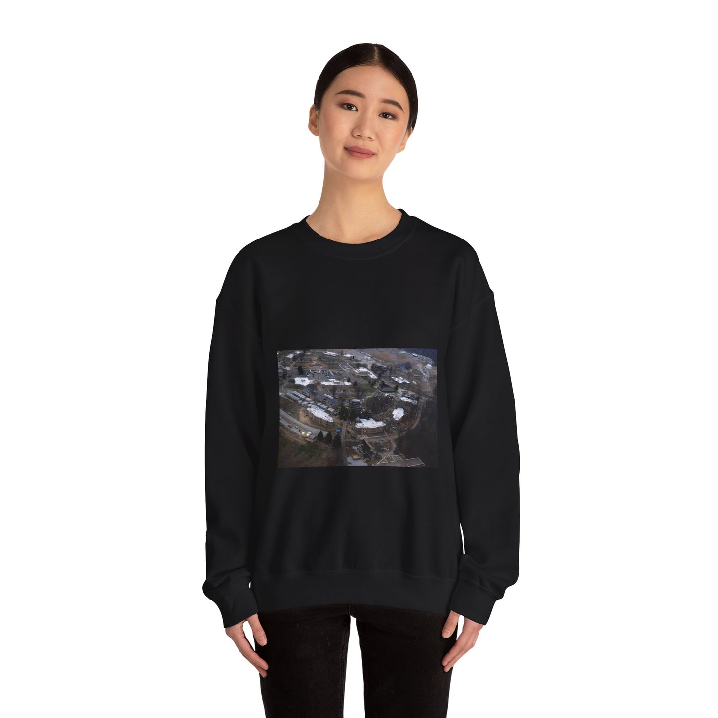 An aerial view of the Muscatatuck Urban Training Center Black Heavy Blend Adult Crew Neck SweatShirt