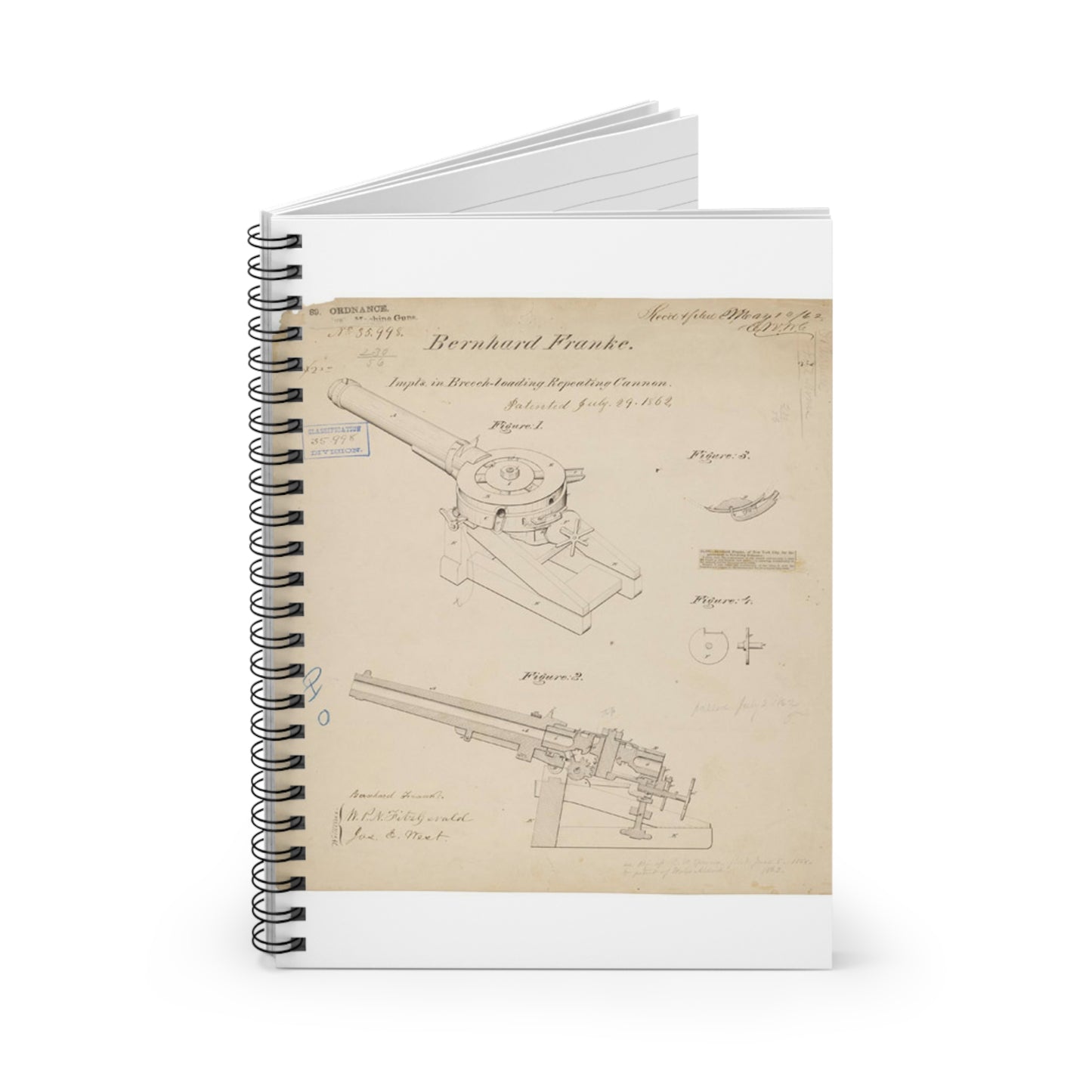 Patent drawing - Drawing of Improvements in Breech-Loading Repeating Cannon Public domain  image Spiral Bound Ruled Notebook with Printed Cover