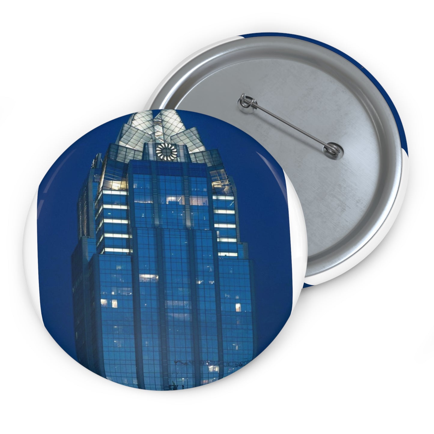 The upper reaches of Frost Bank Tower, a prominent Austin, Texas, skyscraper Pin Buttons with Crisp Design