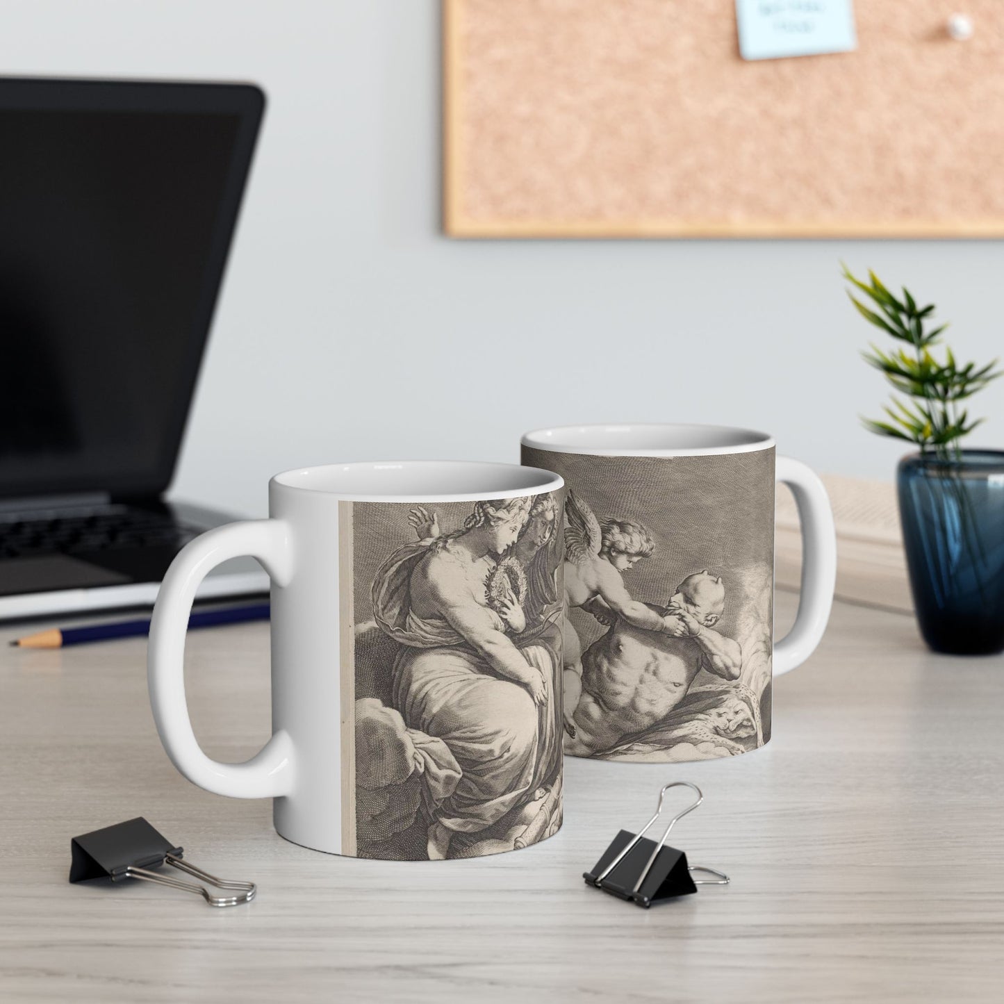 Cupid wrestling with Pan, amongst the clouds, with two allegorical women seated at left Beautiful Novelty Ceramic Coffee Mug 11oz