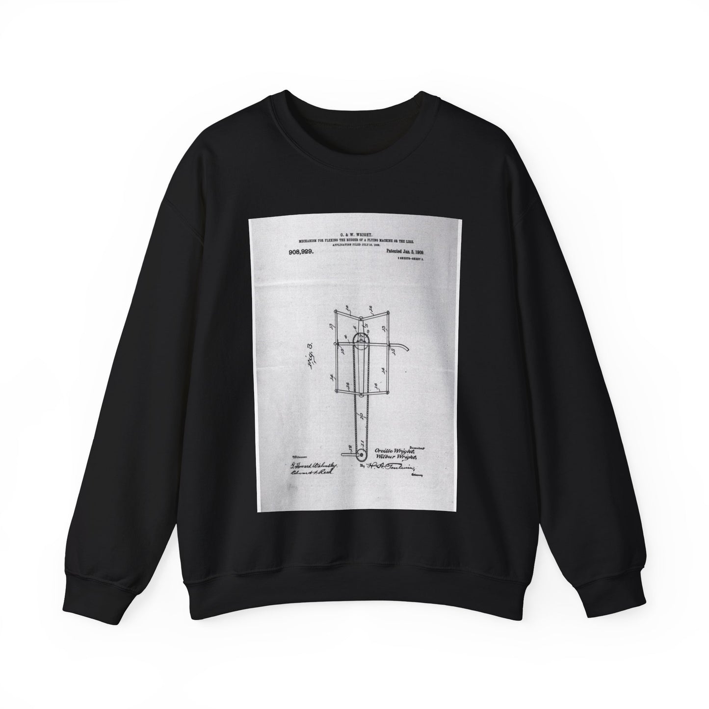 Patent drawing - Subject File:  Patents--By Wright Brothers--USA--filed 15 July 1908, patented 5 January 1909 Public domain  image Black Heavy Blend Adult Crew Neck SweatShirt