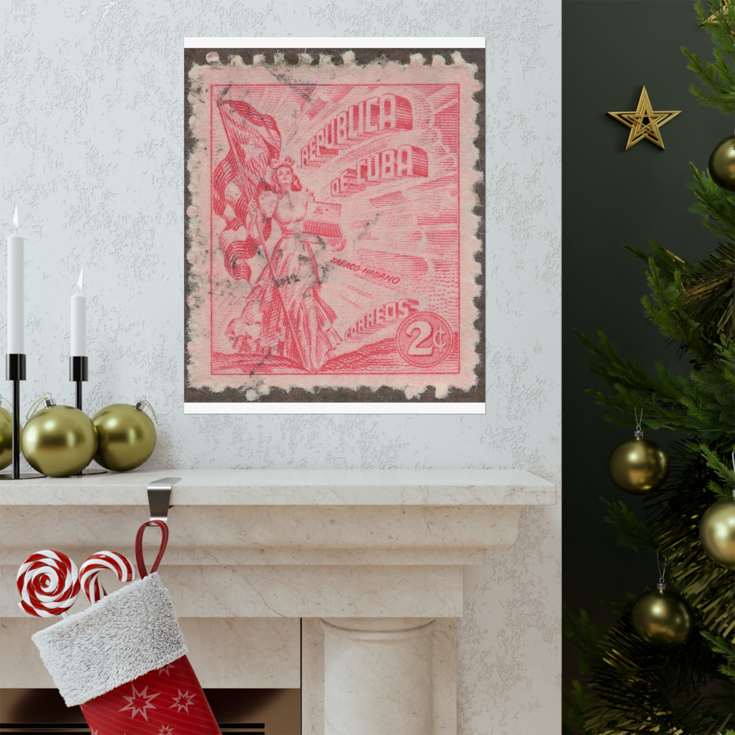 Frimärke ur Gösta Bodmans filatelistiska motivsamling, påbörjad 1950.Frimärke från Cuba, 1948. Motiv av kvinnosymbol för friheten med cigrarrlåda och flagga. High Quality Matte Wall Art Poster for Home, Office, Classroom