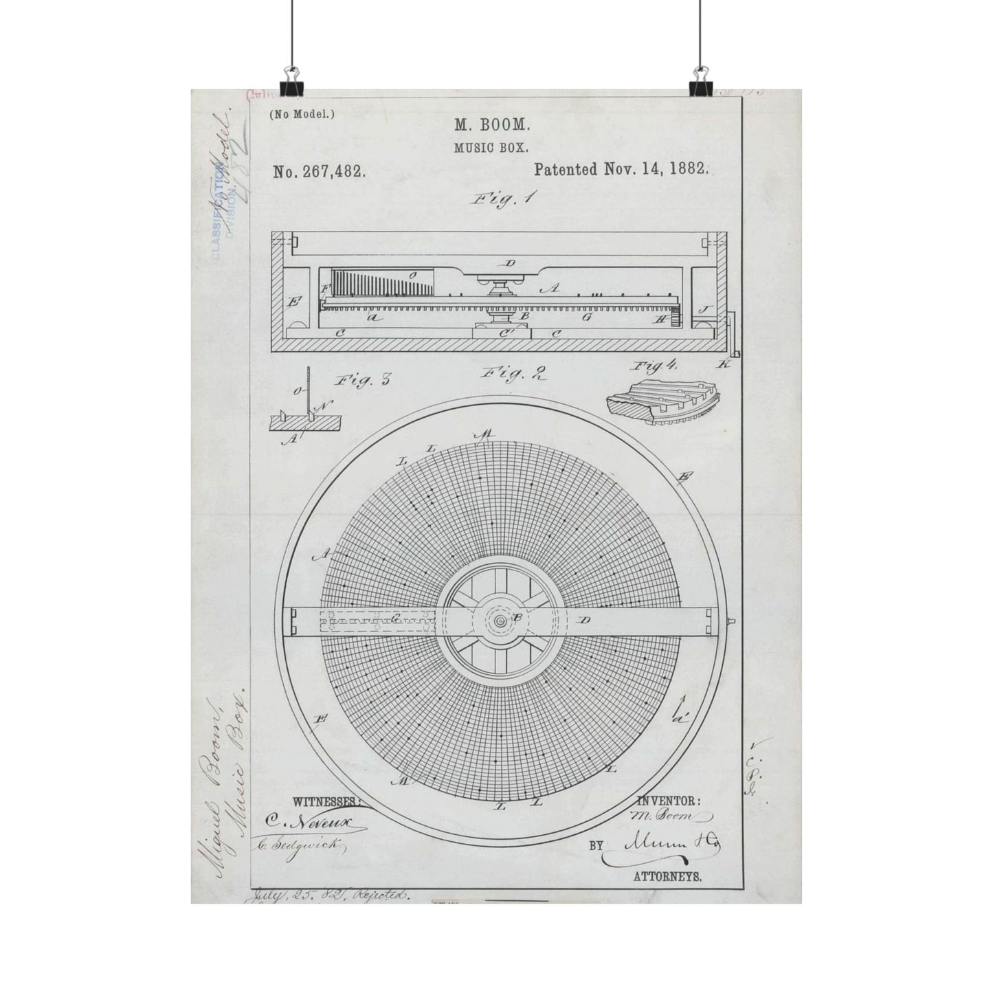 Patent Drawing of Engine - for M. Boom's Music Box Public domain  image High Quality Matte Wall Art Poster for Home, Office, Classroom