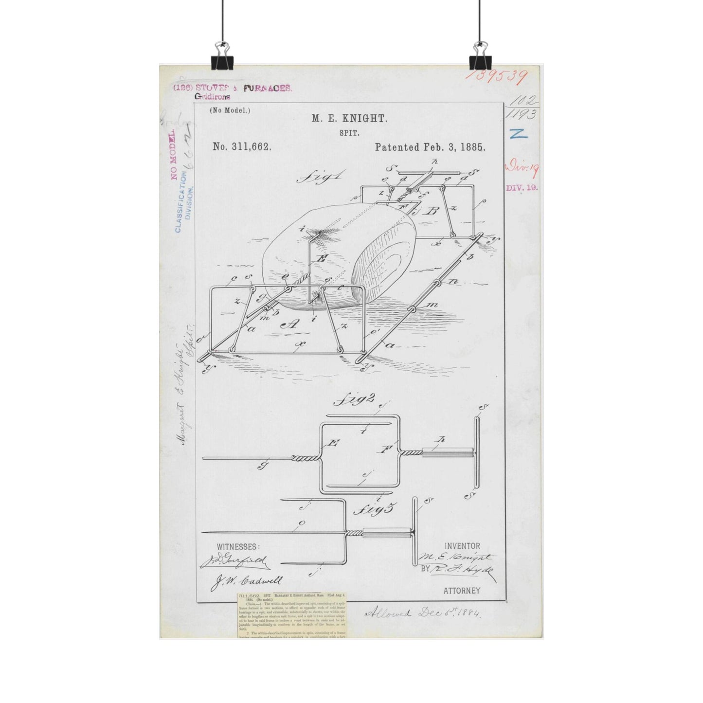 Patent drawing - for M. E. Knight's Spit Public domain  image High Quality Matte Wall Art Poster for Home, Office, Classroom