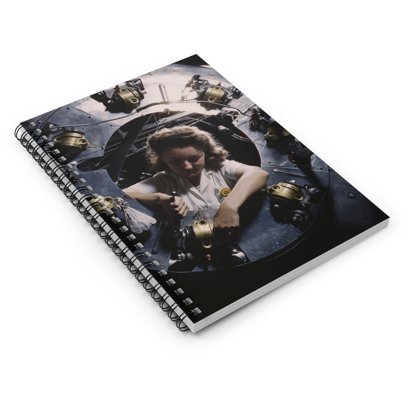 Part of the cowling for one of the motors for a B-25 bomber is assembled in the engine department of North American [Aviation, Inc.]'s Inglewood, Calif., plant Spiral Bound Ruled Notebook with Printed Cover