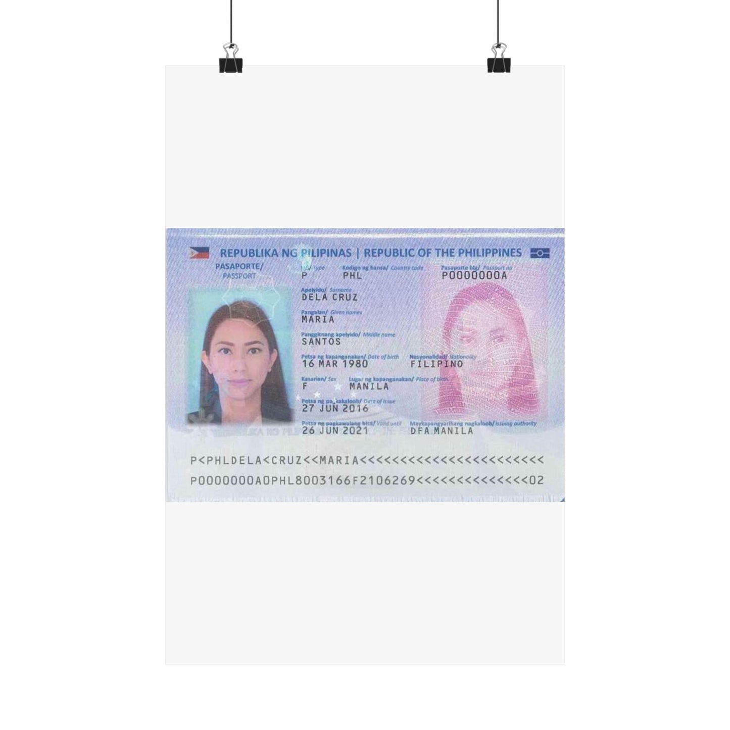 Philippine passport (2016 edition) data page (cropped) High Quality Matte Wall Art Poster for Home, Office, Classroom
