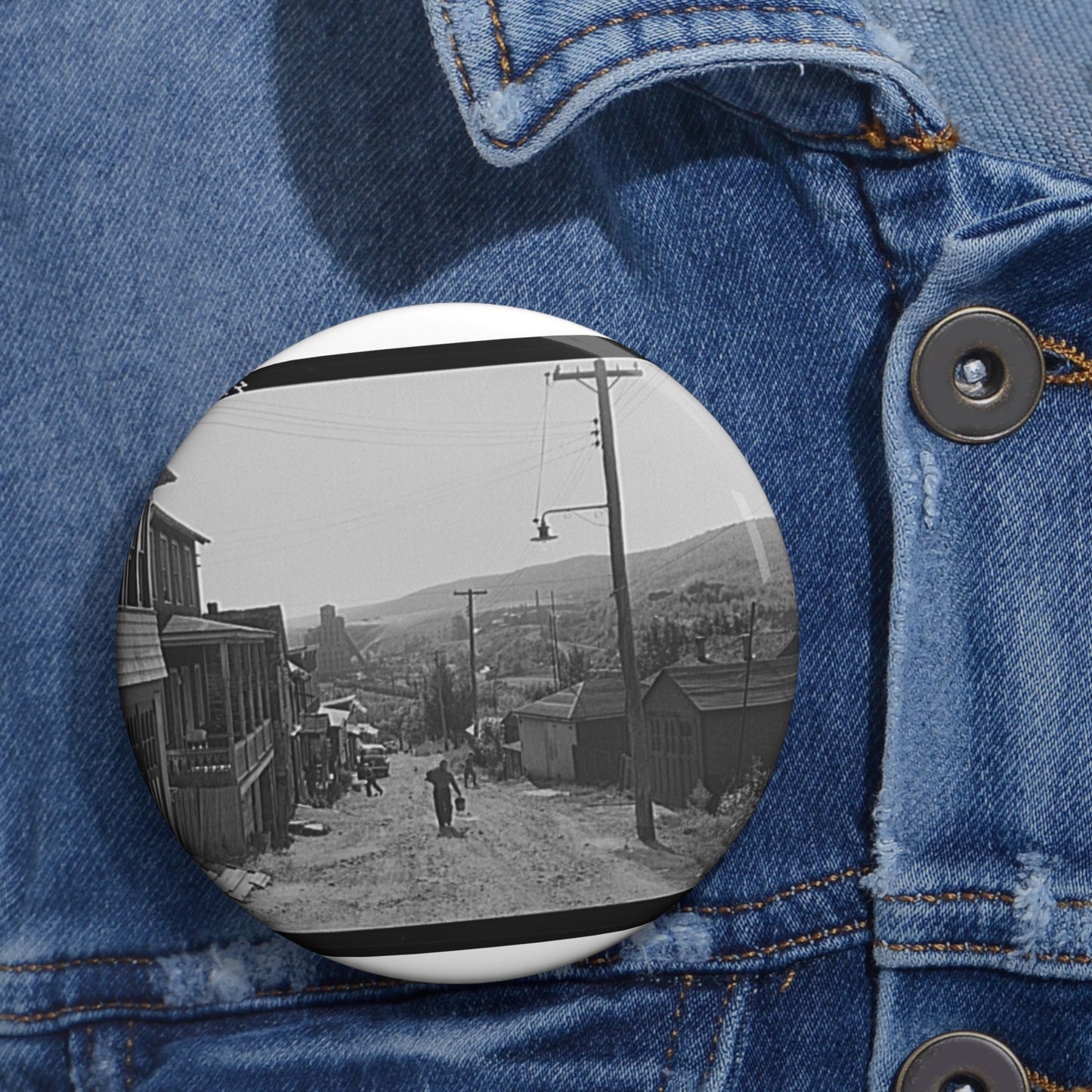 Street scene in the mining town of Lansford, Pennsylvania Pin Buttons with Crisp Design