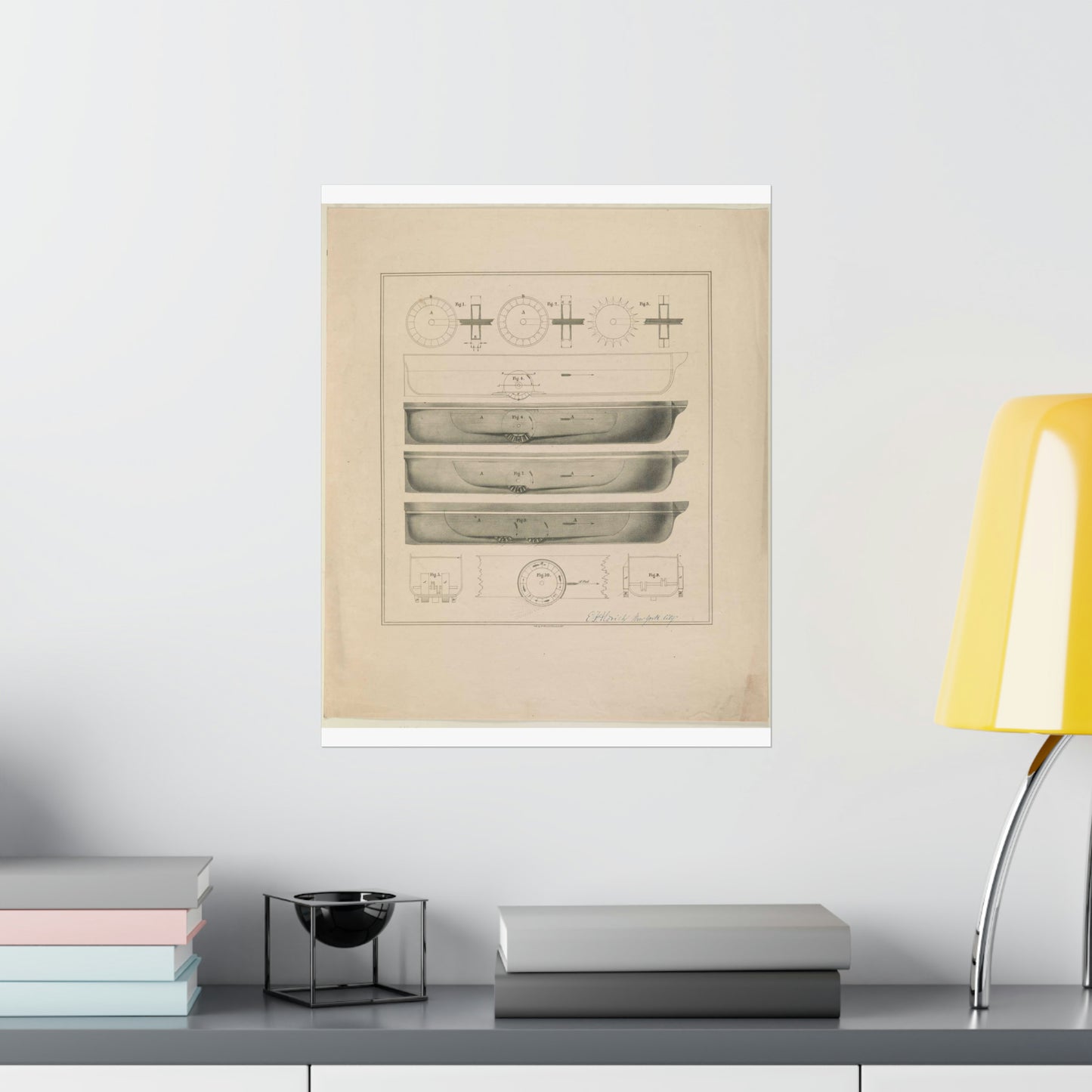 Patent Drawing of Engine - [Design drawings for paddle wheel steamer] / lith. by N. Currier, 2 Spruce St. N.Y. Public domain  image High Quality Matte Wall Art Poster for Home, Office, Classroom