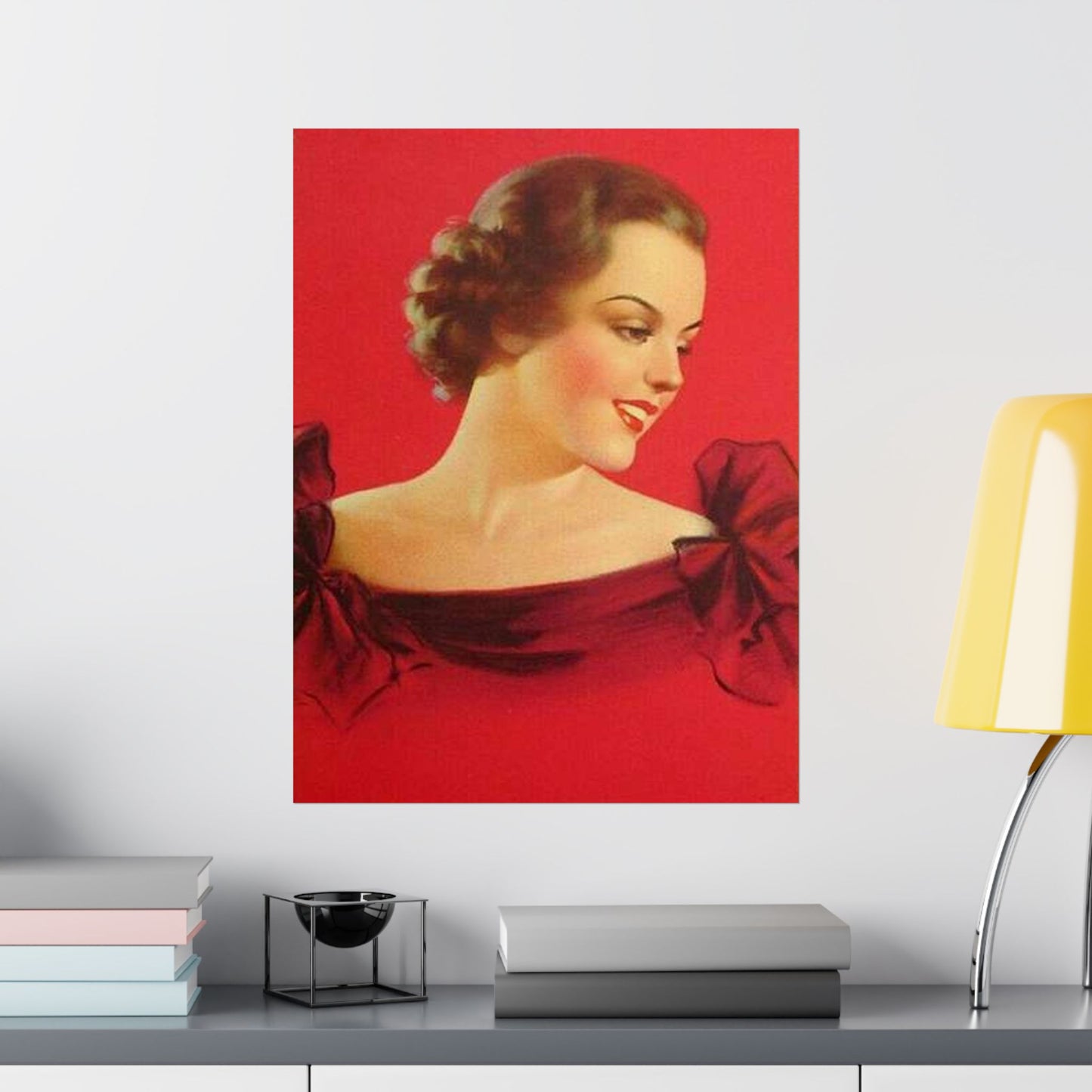 Brunette girl head, red background, painting by Edward Mason Eggleston High Quality Matte Wall Art Poster for Home, Office, Classroom