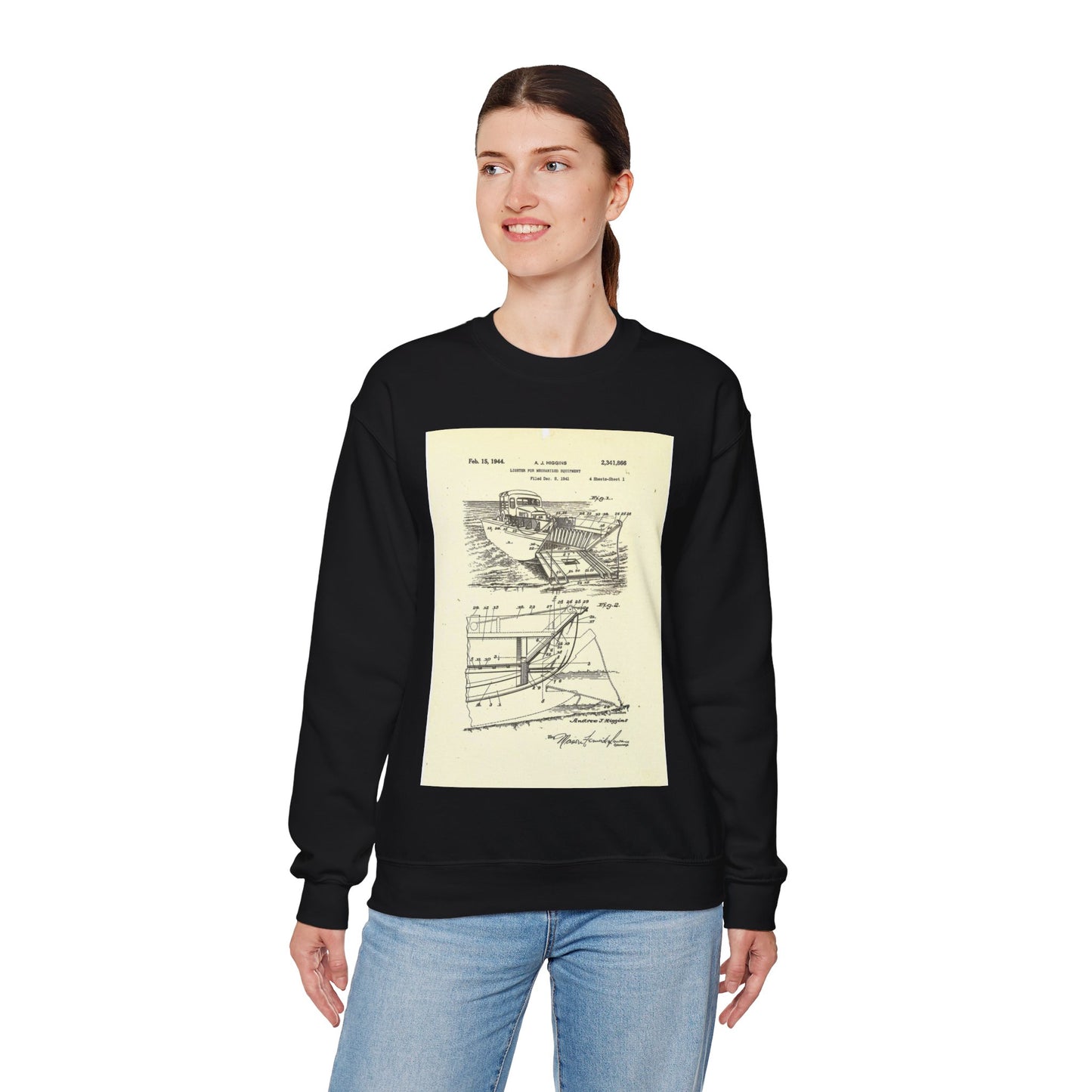 Patent Case File No. 2,341,866, Lighter for Mechanized Equipment, Inventor Andrew Jackson Higgins - DPLA - ae298984ff5d8a447906ec84a7e3cf66 (page 11) Black Heavy Blend Adult Crew Neck SweatShirt