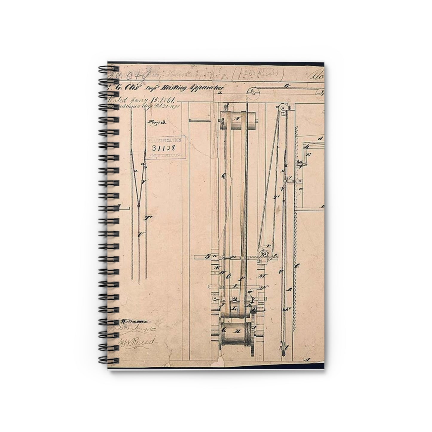 Patent drawing - Elisha Otis's Elevator Public domain  image Spiral Bound Ruled Notebook with Printed Cover