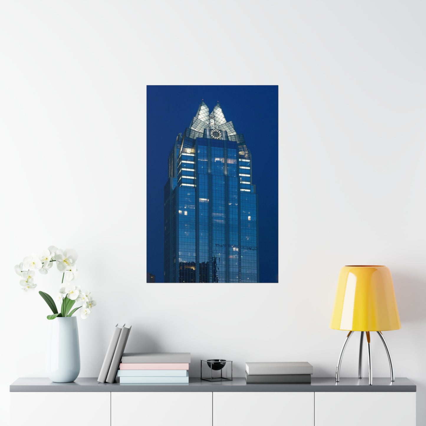 The upper reaches of Frost Bank Tower, a prominent Austin, Texas, skyscraper High Quality Matte Wall Art Poster for Home, Office, Classroom