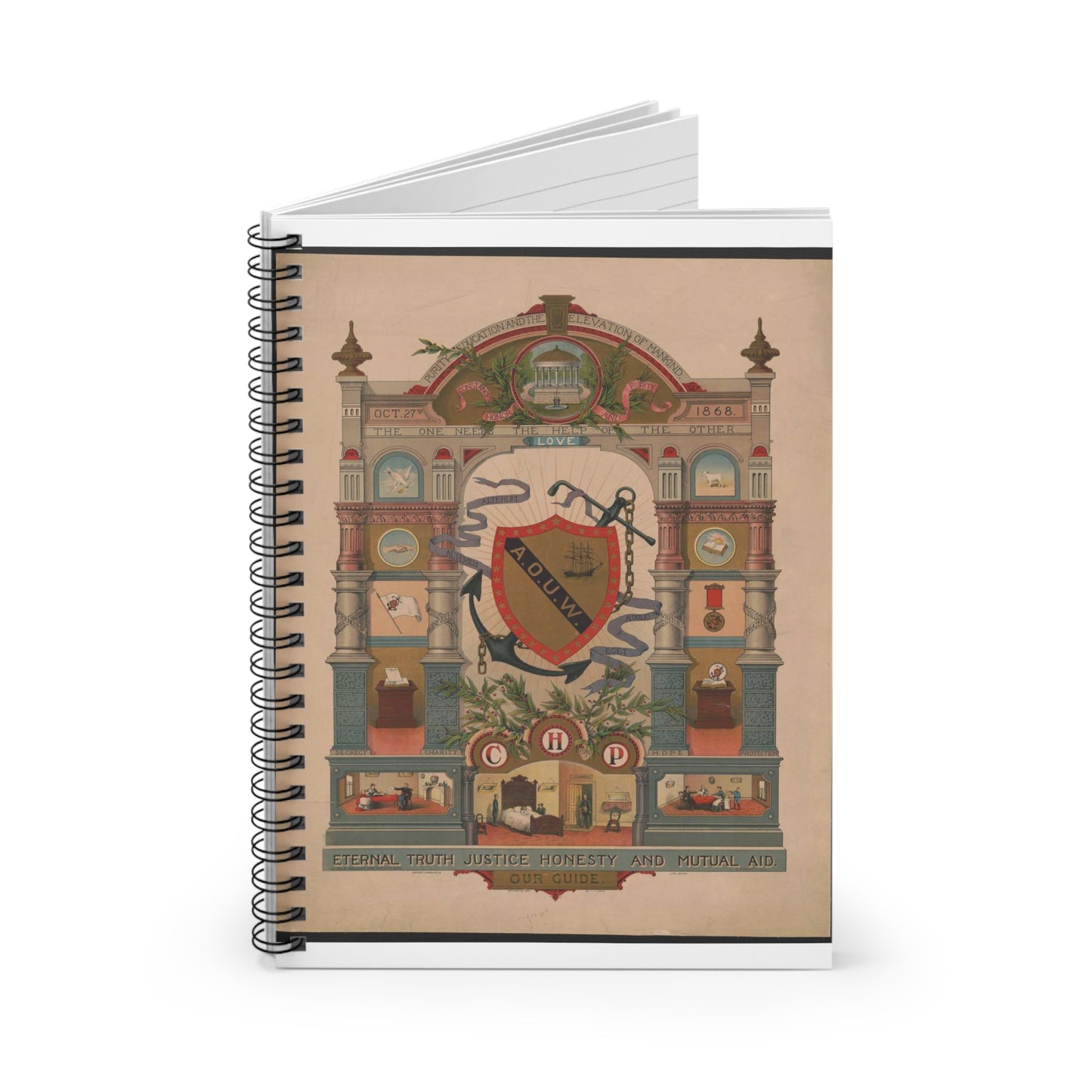 Our guide, A.O.U.W. Eternal Truth, Justice, Honesty and Mutual Aid Spiral Bound Ruled Notebook with Printed Cover