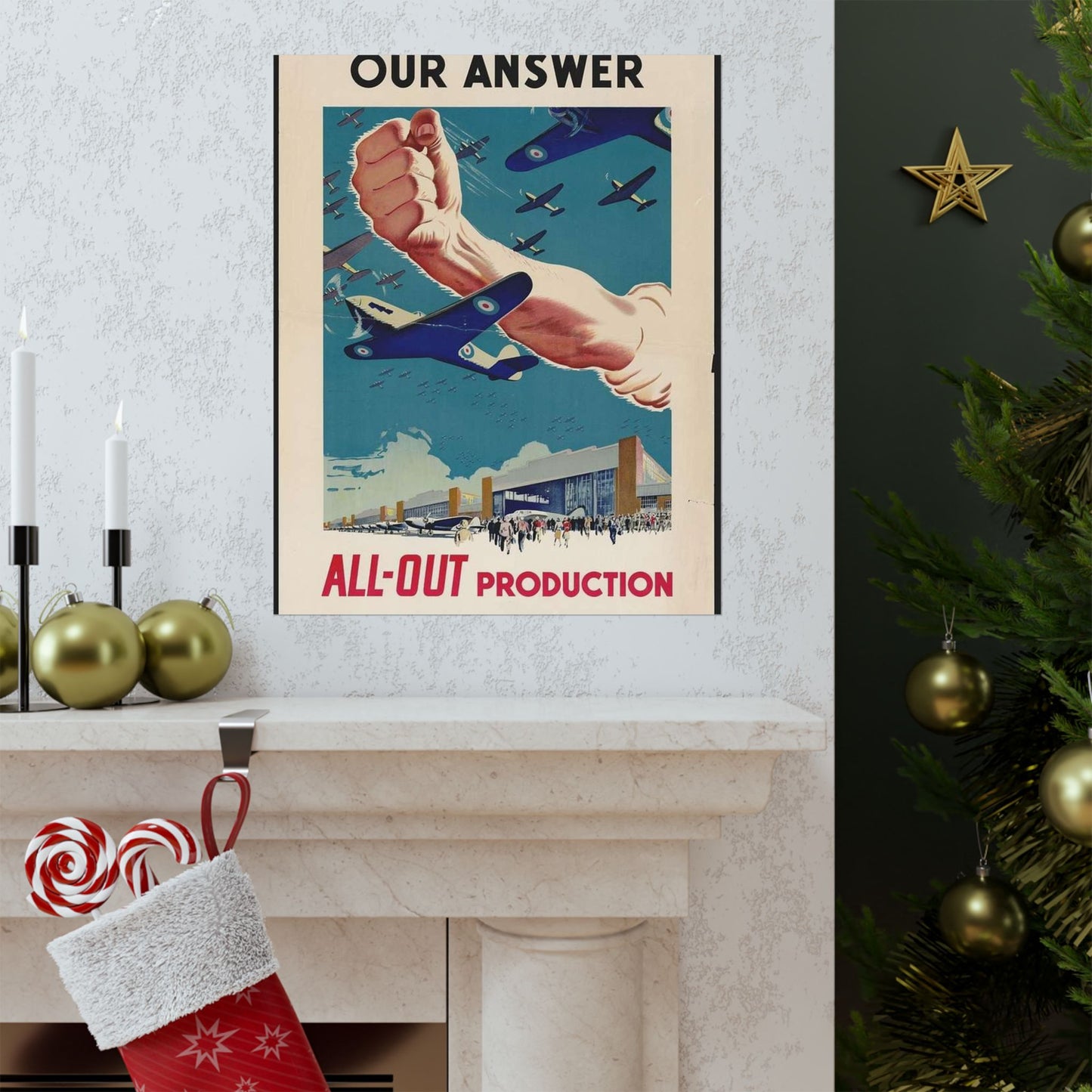 Our Answer All-Out Production, Canada, WWII Propaganda Poster High Quality Matte Wall Art Poster for Home, Office, Classroom