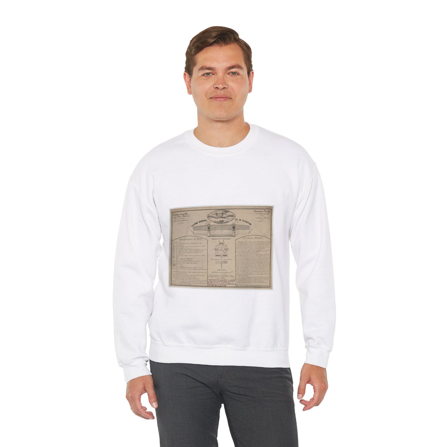 Patent drawing - Aérostat dirigeable système Vaussin Chardanne, brevet ... Nouveaux procédés de direction aérienne présenté à lʹInstitut de France, 1852 Public domain  image White Heavy Blend Adult Crew Neck SweatShirt