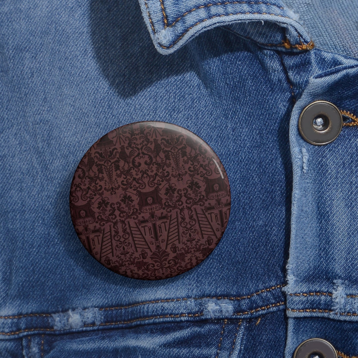 Length of velvet with Instruments of the Passion Pin Buttons with Crisp Design