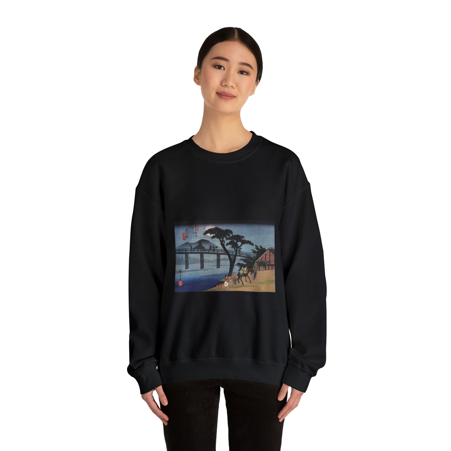 Hiroshige Man on horseback crossing a bridge Black Heavy Blend Adult Crew Neck SweatShirt