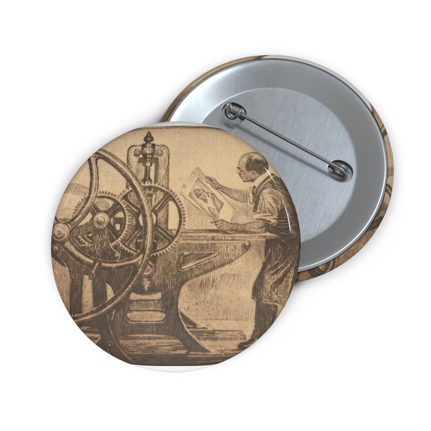 Lilien Printing press - Public domain portrait print Pin Buttons with Crisp Design