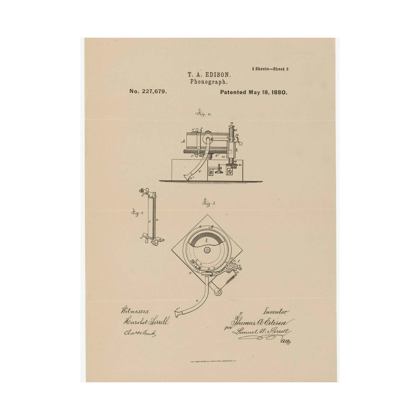 Patent Drawing of Engine - Drawing for a Phonograph Public domain  image High Quality Matte Wall Art Poster for Home, Office, Classroom
