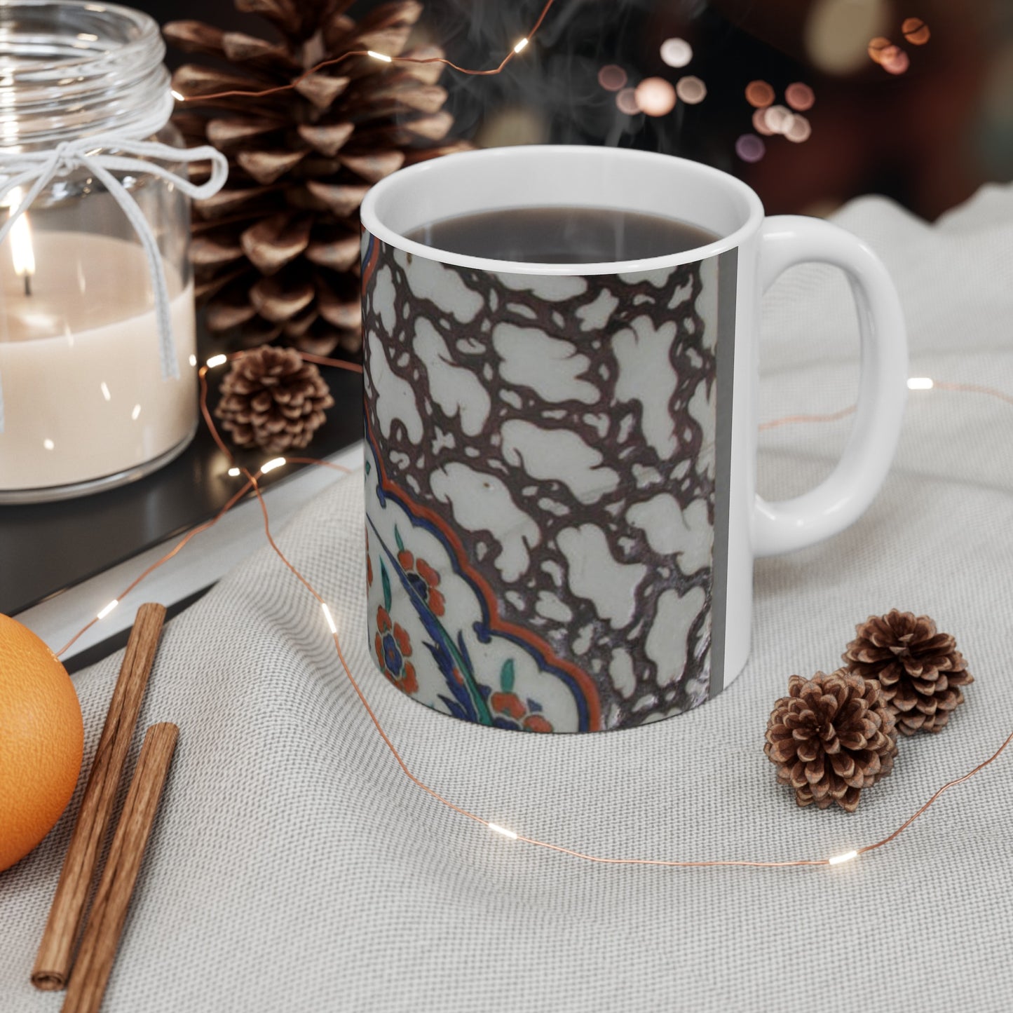 Tile with Floral Cartouche Design on Ebru (Marble Imitation Pattern) Background Beautiful Novelty Ceramic Coffee Mug 11oz