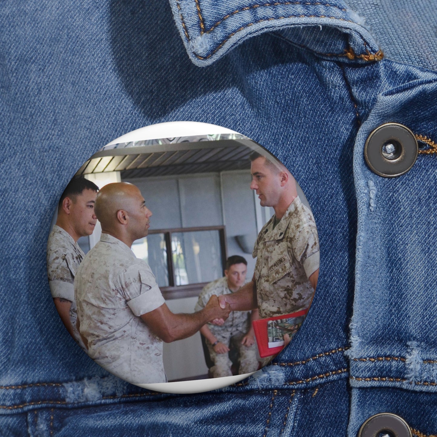 First Sgt. Miguel A. Betancourt III (second from left), Pin Buttons with Crisp Design