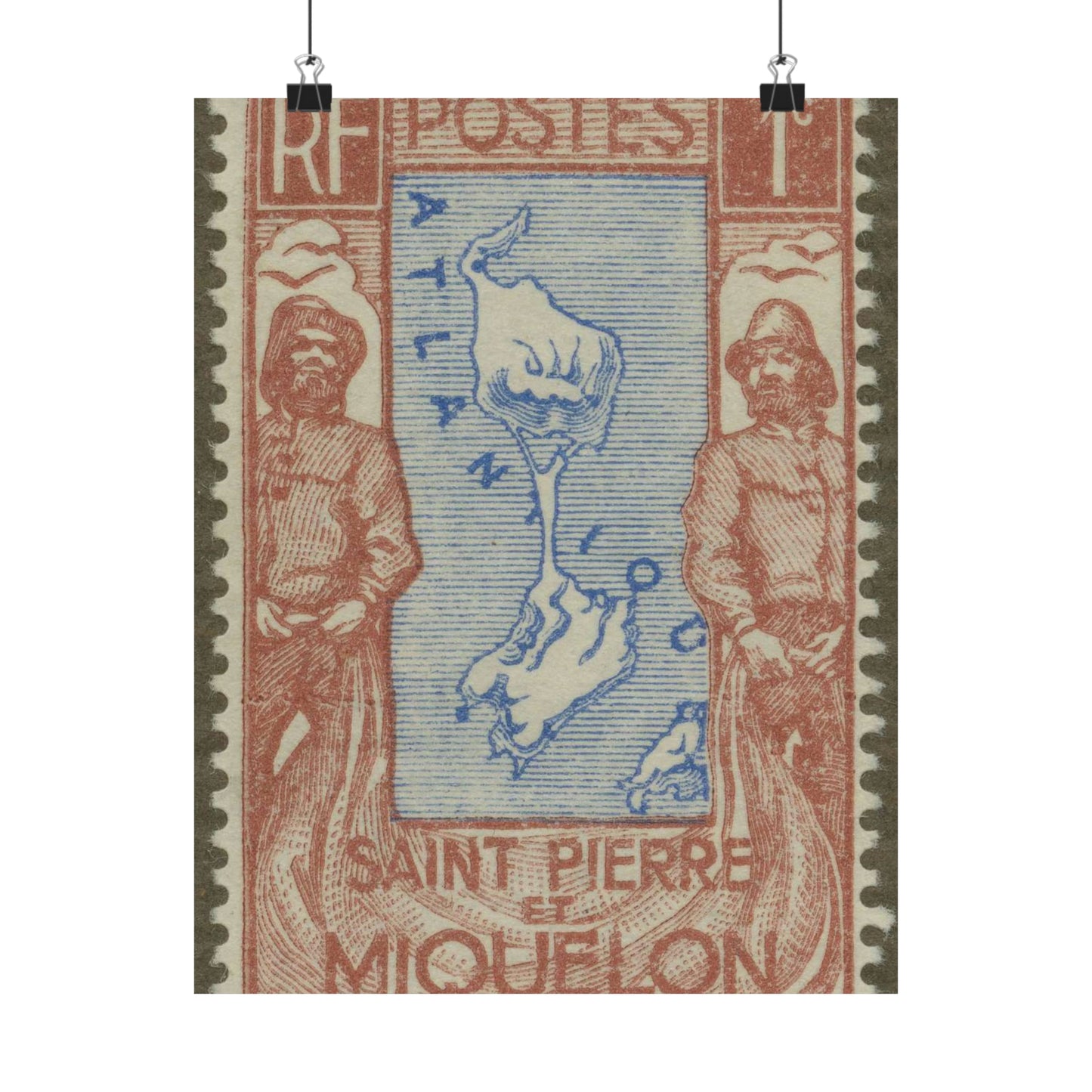 Frimärke ur Gösta Bodmans filatelistiska motivsamling, påbörjad 1950.Frimärke från Saint Pierre et Miquelon 1932. Motiv av karta över Saint Pierre et Miquelon. Fiskare med nät. High Quality Matte Wall Art Poster for Home, Office, Classroom