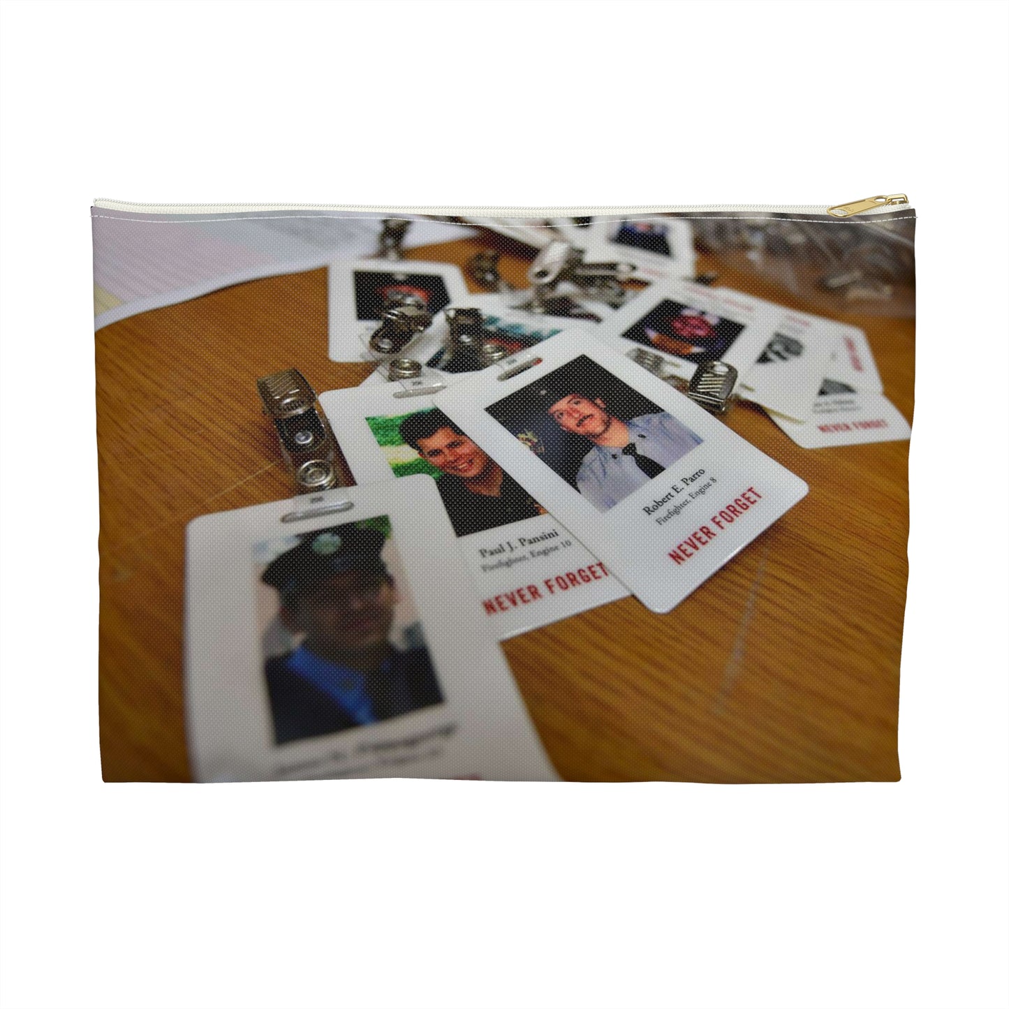 Badges with photos of 9/11 emergency responders, sit Large Organizer Pouch with Black Zipper