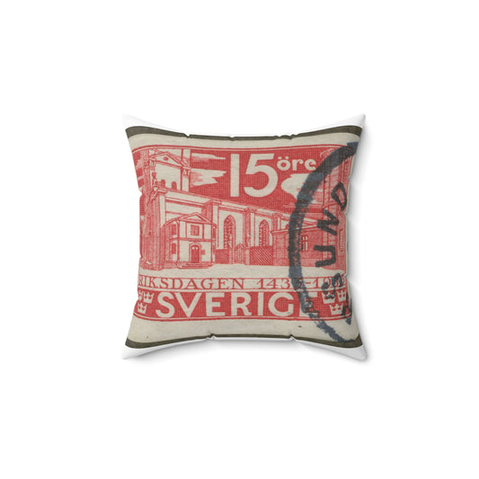 Frimärke ur Gösta Bodmans filatelistiska motivsamling, påbörjad 1950.Frimärke från Sverige. Motiv av Storkyrkan i Stockholm. "Den svenska riksdagen 500 år 1435-1935". Decorative Accent Square Pillow