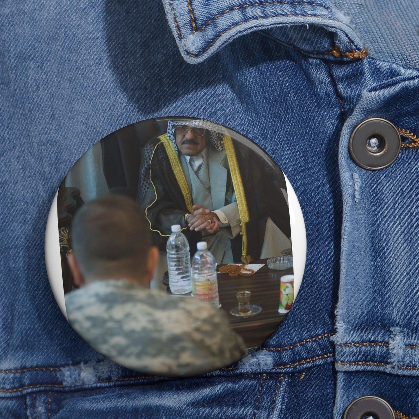 Sheik Mohammed al-Jorani listens to Col. Peter Baker, Pin Buttons with Crisp Design