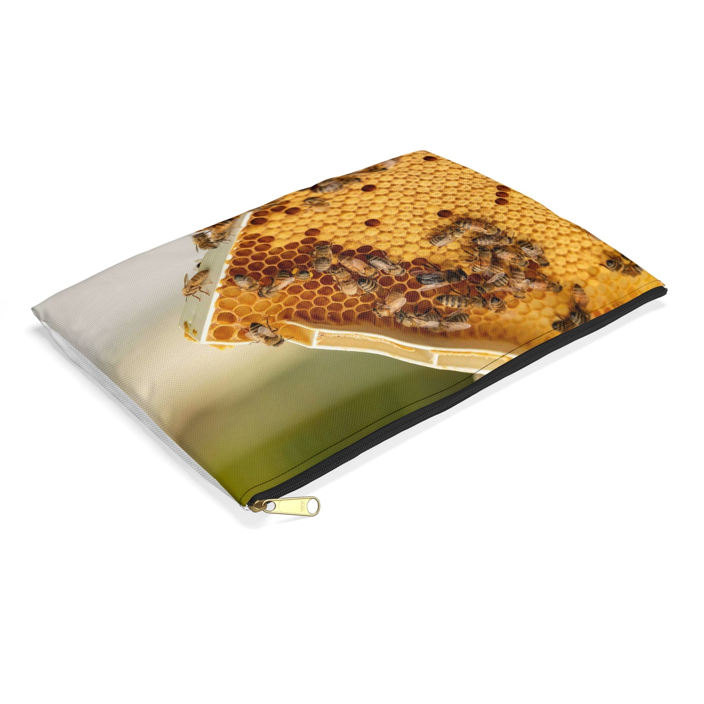 Honey bees transfer pollen to a honeycomb cell. Bee Large Organizer Pouch with Black Zipper