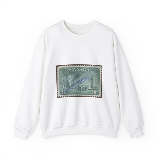 Frimärke ur Gösta Bodmans filatelistiska motivsamling, påbörjad 1950.Frimärke från Canada, 1950. Motiv av petroleumutvinning i Alberta. White Heavy Blend Adult Crew Neck SweatShirt