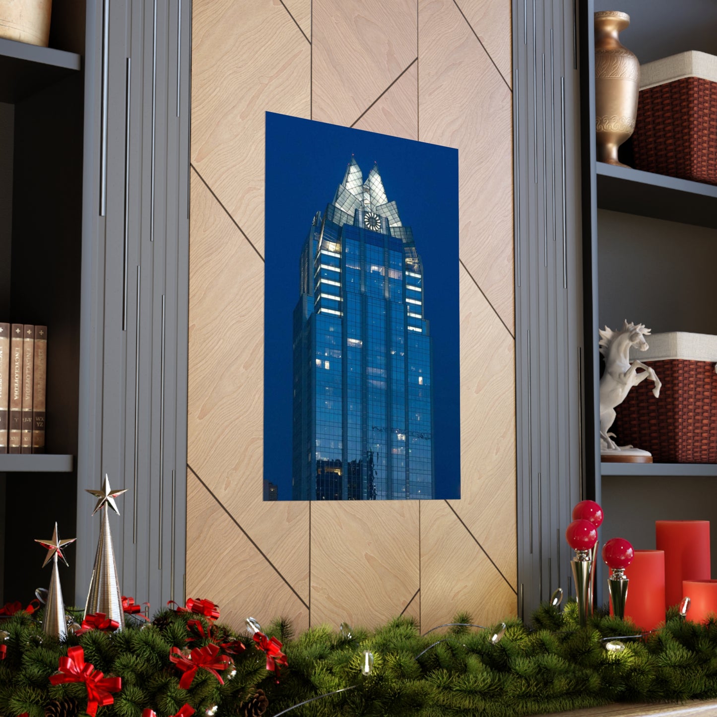 The upper reaches of Frost Bank Tower, a prominent Austin, Texas, skyscraper High Quality Matte Wall Art Poster for Home, Office, Classroom