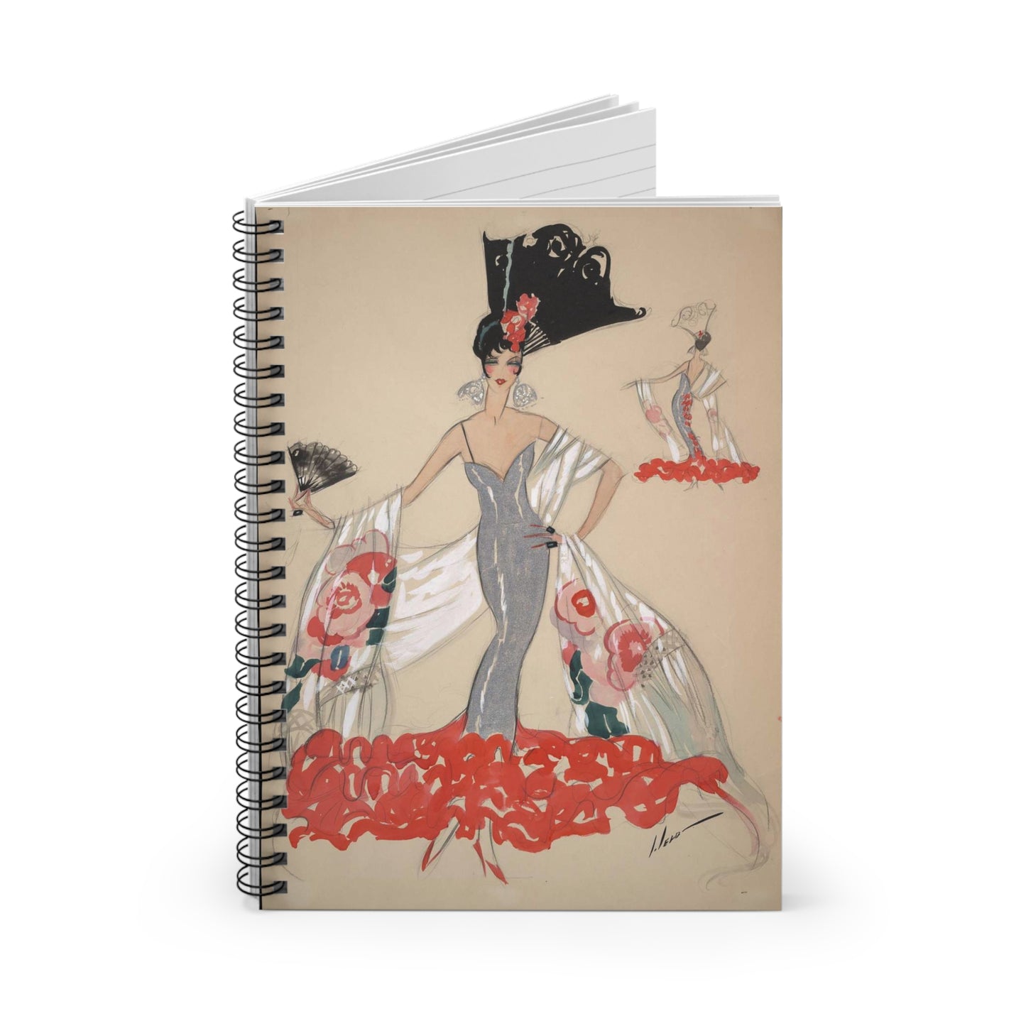 [Elegant woman in silver dress holding a fan] / John Held, Jr. Spiral Bound Ruled Notebook with Printed Cover