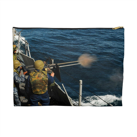US Navy 110514-N-YM590-214 Gunner's Mate 2nd Class Charles H. Talbert fires a .50-caliber machine gun during a crew-served weapons certification ex Large Organizer Pouch with Black Zipper
