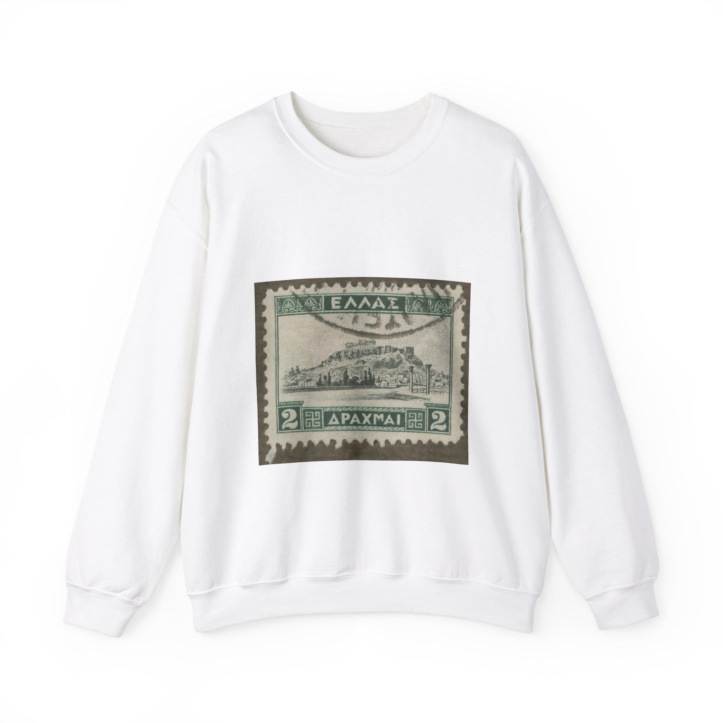 Frimärke ur Gösta Bodmans filatelistiska motivsamling, påbörjad 1950.Frimärke från Grekland, 1927. Motiv av Akropolis. White Heavy Blend Adult Crew Neck SweatShirt