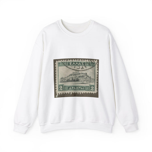 Frimärke ur Gösta Bodmans filatelistiska motivsamling, påbörjad 1950.Frimärke från Grekland, 1927. Motiv av Akropolis. White Heavy Blend Adult Crew Neck SweatShirt