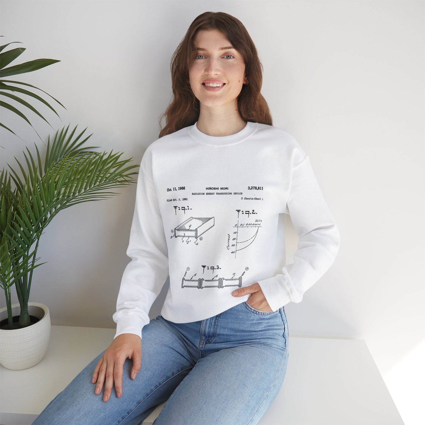 Patent drawing - Hiroshi Mori's first patented bifacial solar cell (1961) Public domain  image White Heavy Blend Adult Crew Neck SweatShirt