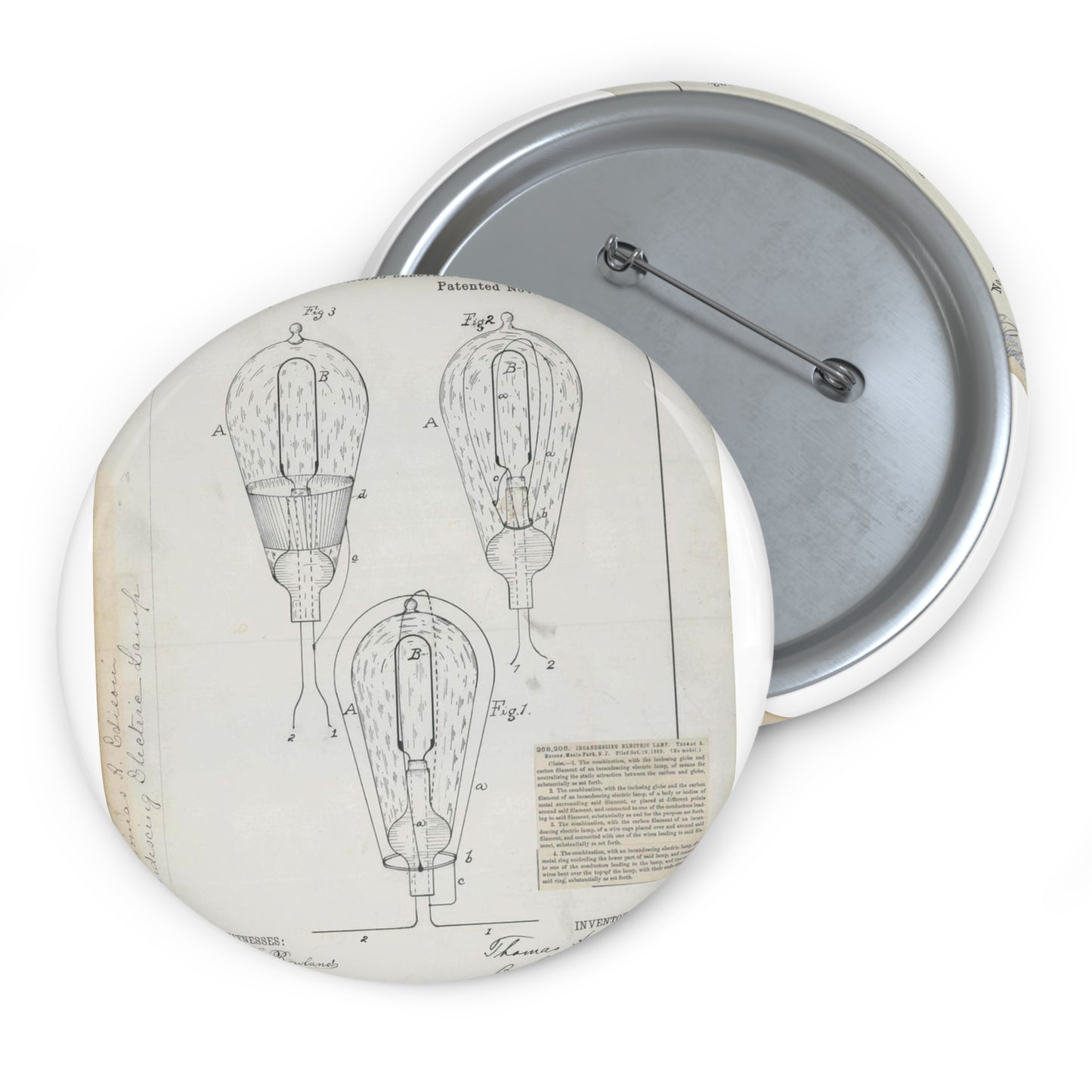 Patent drawing - for T. A. Edison's Incandescing Electric Lamp Public domain  image Pin Buttons with Crisp Design