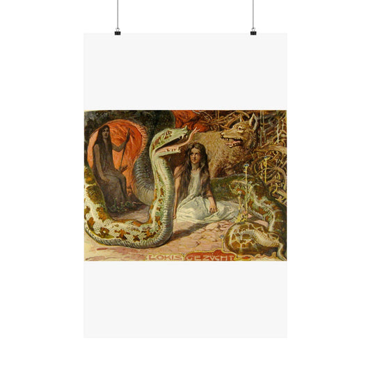 Lokis Gezücht - A painting of a woman sitting in front of a snake High Quality Matte Wall Art Poster for Home, Office, Classroom
