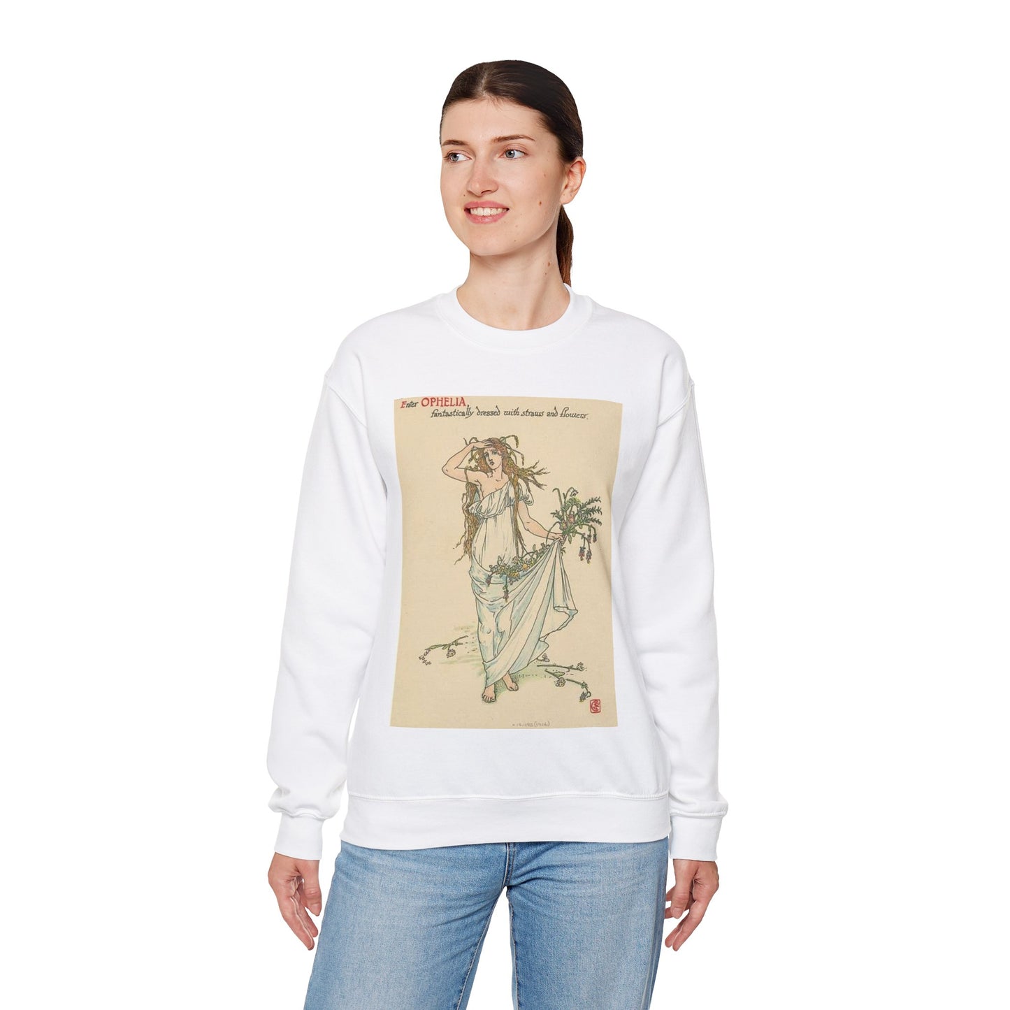Enter Ophelia, fantastically dressed with straws and flowers. White Heavy Blend Adult Crew Neck SweatShirt