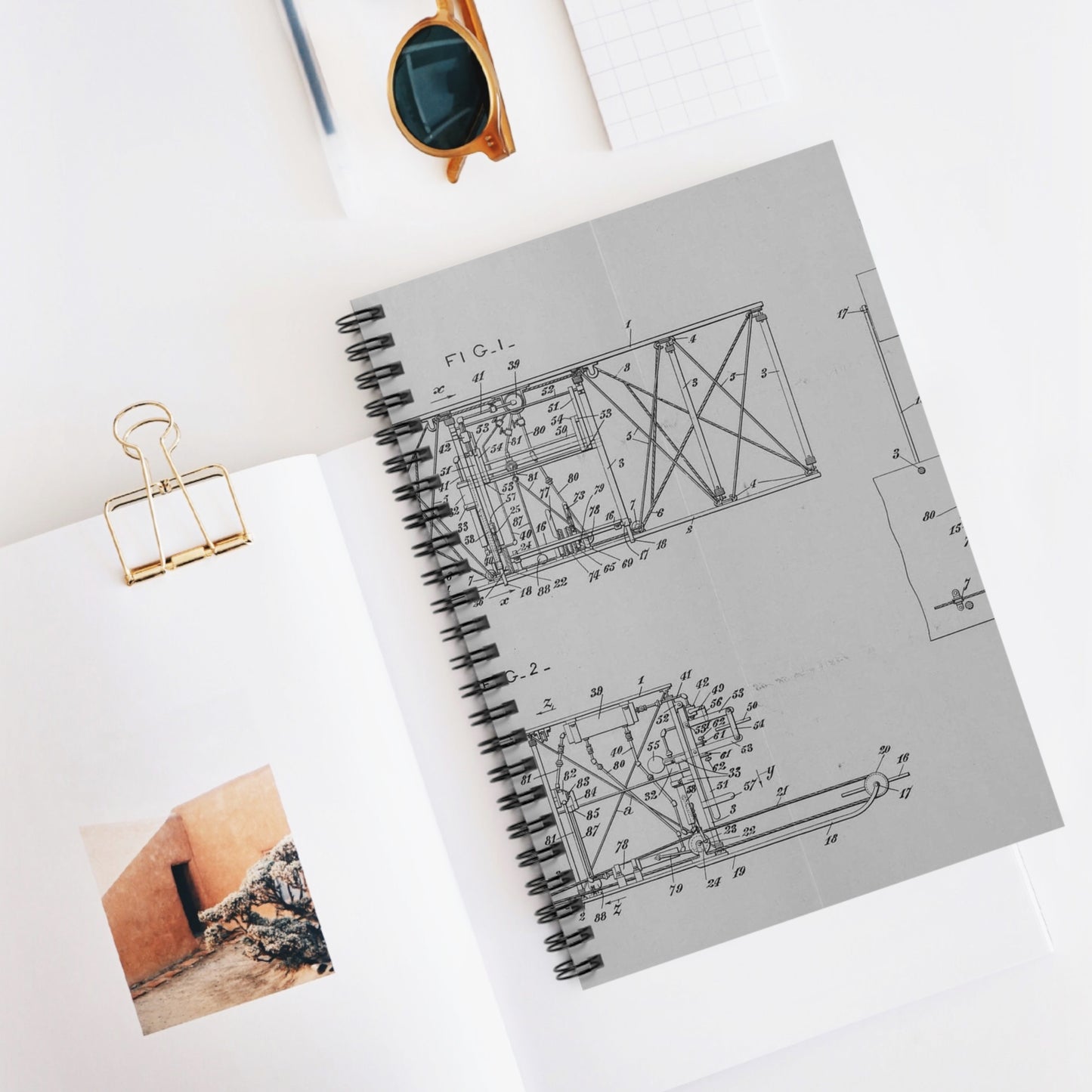 Patent drawing - Subject File: Patents--By Wright Brothers--USA--filed 10 February 1908, patented 14 October 1913 Public domain  image Spiral Bound Ruled Notebook with Printed Cover