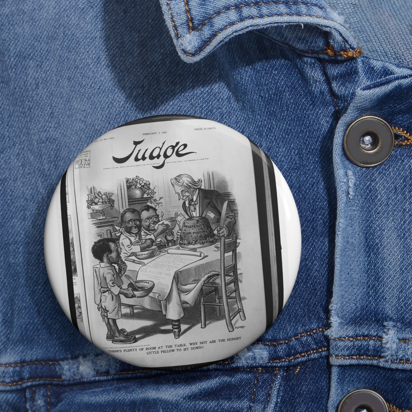 There's plenty of room at the table. Why not ask the hungry little fellow to sit down? / Flohri. Pin Buttons with Crisp Design