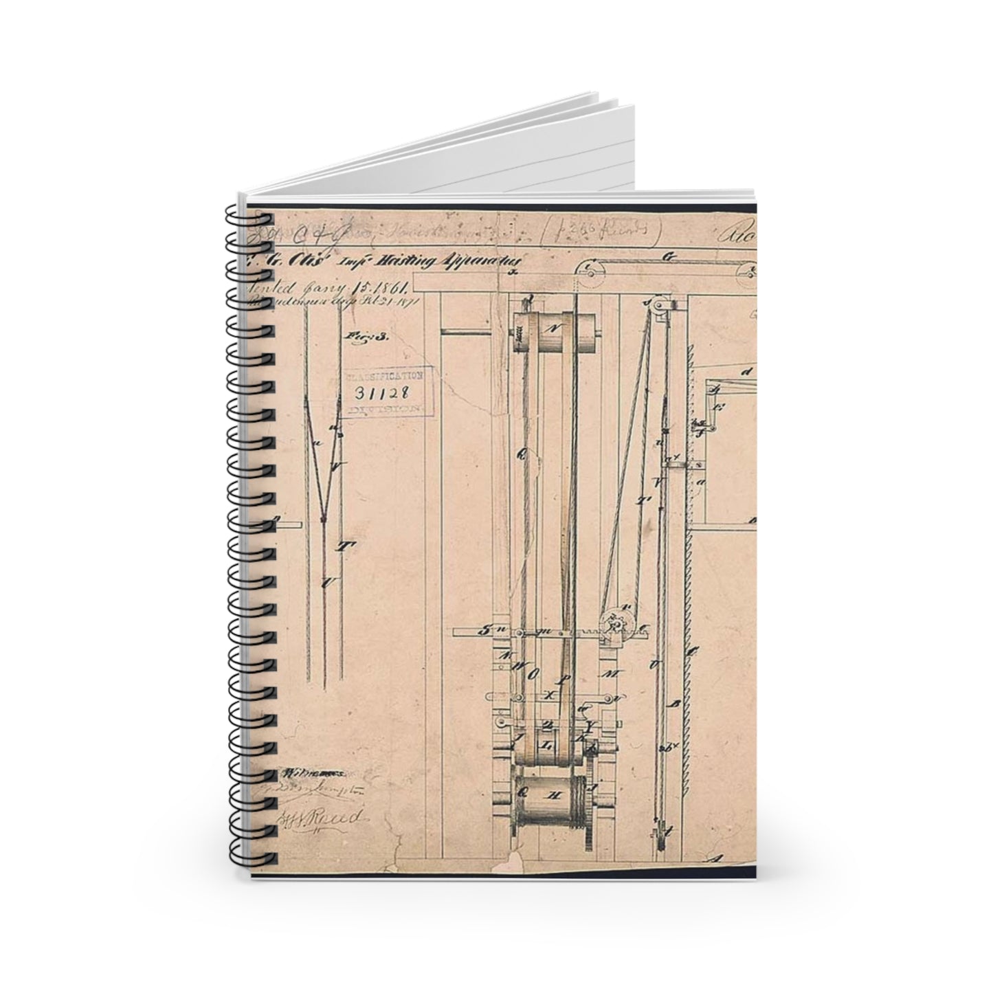 Patent drawing - Elisha Otis's Elevator Public domain  image Spiral Bound Ruled Notebook with Printed Cover